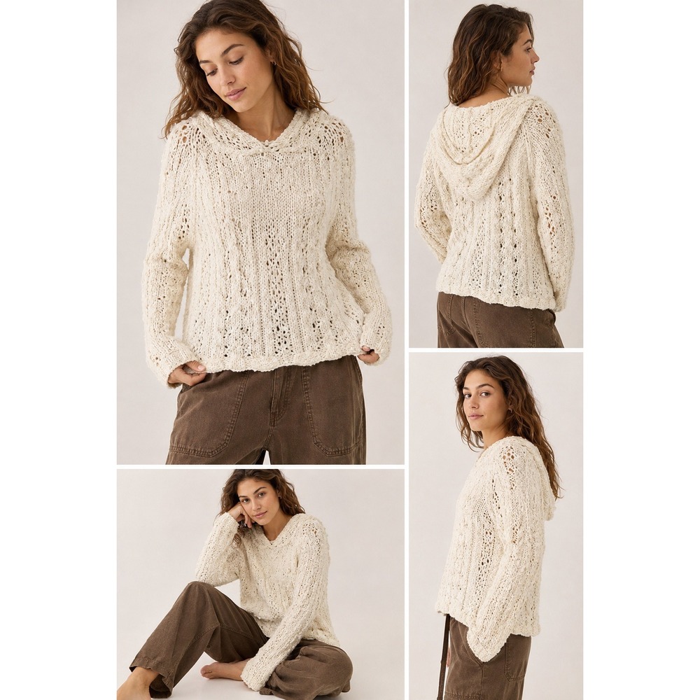 Anthropologie Yellow Bird Ivory Pointelle Crochet Knit Hooded‎ Sweater Womens M